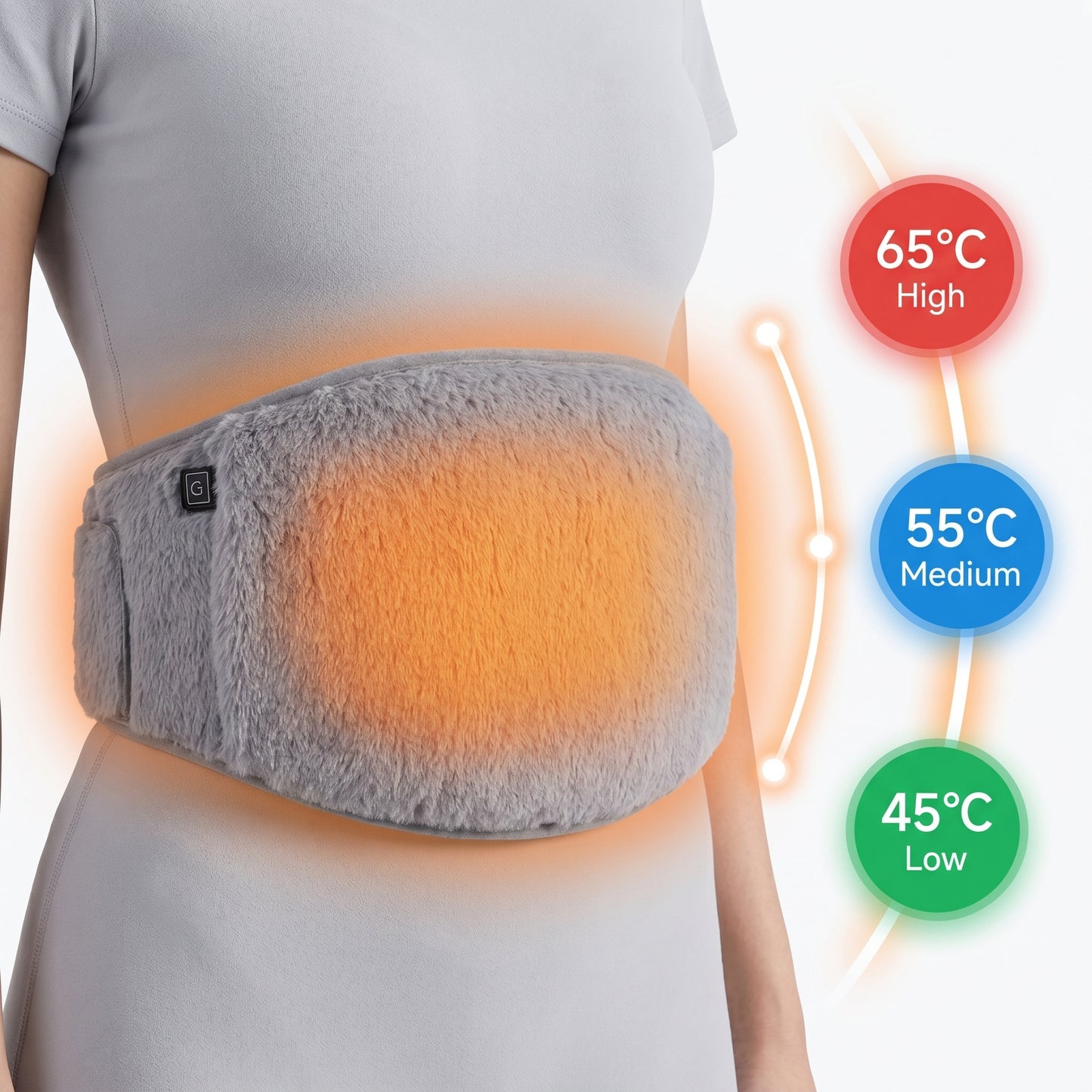 Infographic showing three temperature settings of the Cyclovacare heated belt