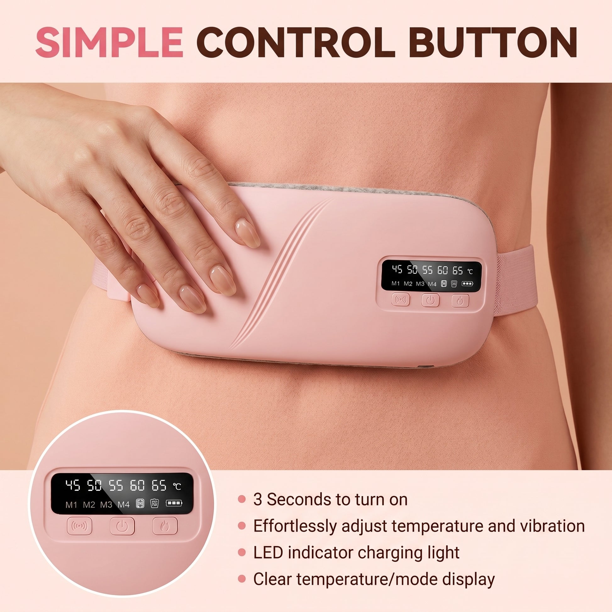 Close-up of Cyclovacare belt simple 3-button control with LED temperature display