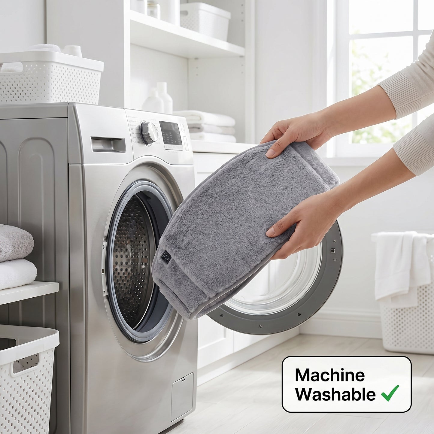 Hands placing grey heated belt into a washing machine