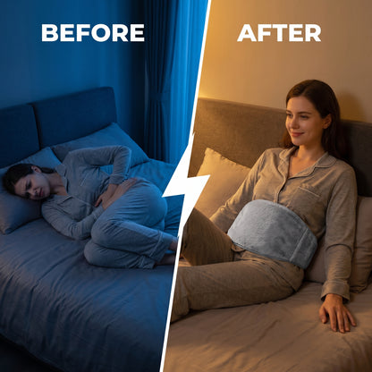 Split screen showing woman in pain before and woman relieved after using the grey heated belt
