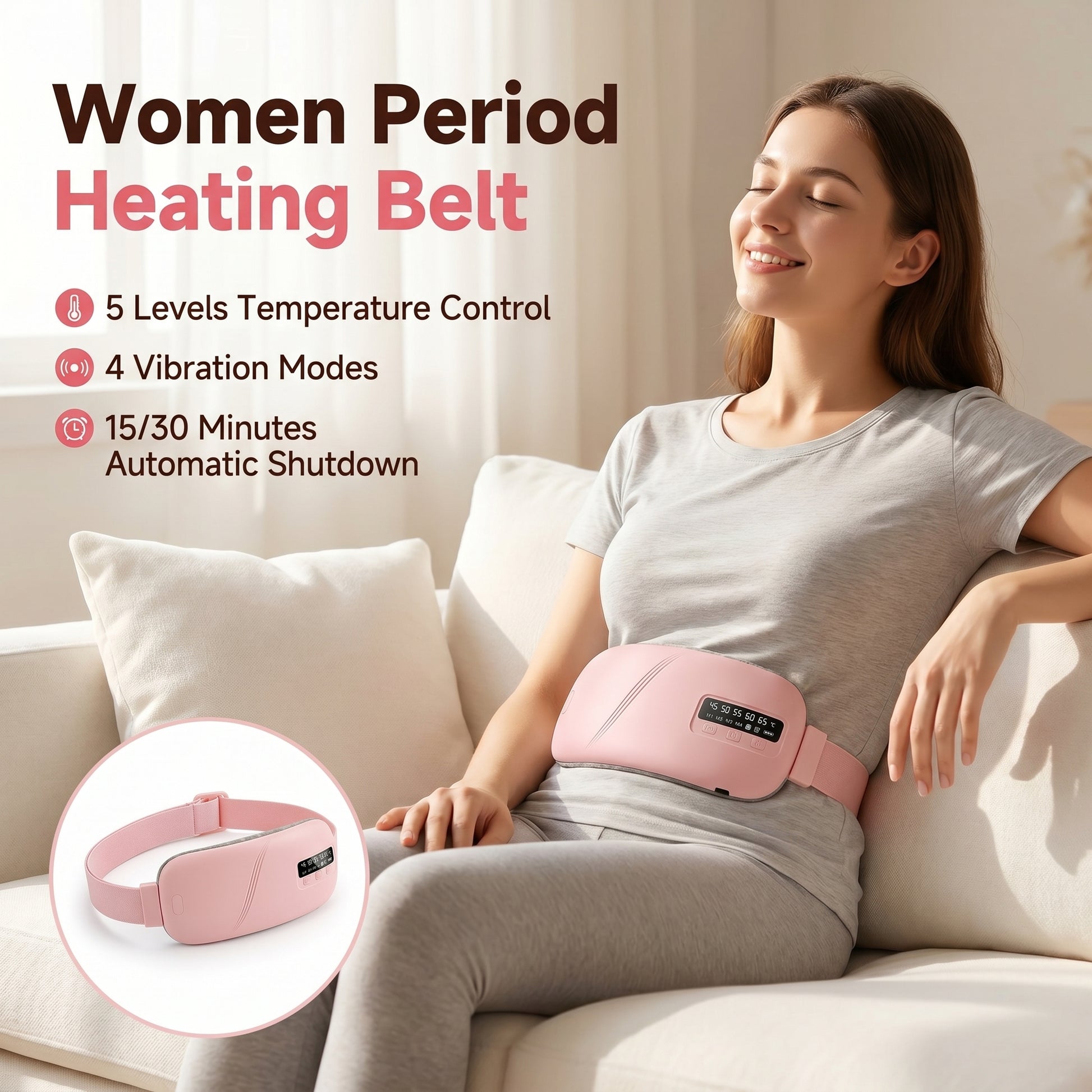 Young woman relaxing on couch wearing Cyclovacare pink period heating belt for cramp relief